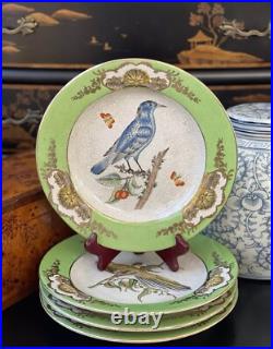 Set Four Rare Designer WL Chinoiserie Green Parrot Bird Botanical Plate 10.25