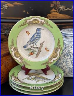 Set Four Rare Designer WL Chinoiserie Green Parrot Bird Botanical Plate 10.25