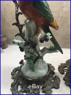Set Of Two Parrot birds Porcelain couple statue candle holders