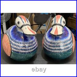 Set of 2 Large Heavy Handpainted Signed Erandi Mexico Ceramic Ducks EUC
