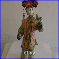 Shiwan Ceramic Figurine Oriental Lady Playing Bird Porcelain Statue 14h