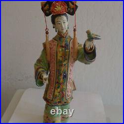 Shiwan Ceramic Figurine Oriental Lady Playing Bird Porcelain Statue 14h