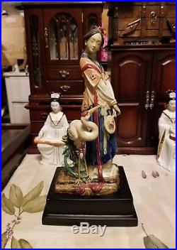 Signed Porcelain Ceramic Asian Lady big bird Figure Figurine Statue wood vase