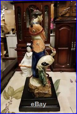 Signed Porcelain Ceramic Asian Lady big bird Figure Figurine Statue wood vase