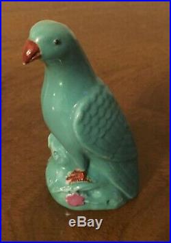 Small Antique Chinese Monochrome Porcelain Parrot Figurine Late Qing Sea Green