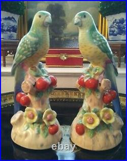 Spectacular Pair Chelsea House Parrot Mantle Figurines British Colonial Style