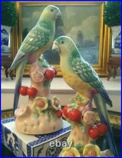 Spectacular Pair Chelsea House Parrot Mantle Figurines British Colonial Style