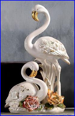 Statue Of 2 Flamingo Italian Porcelain Capodimonte Figure Pair Birds H 16 7/8in