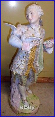 Stunning Antique Vion & Baury Large Bisque Statue Man with Dove Birds