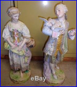 Stunning Antique Vion & Baury Large Bisque Statue Set Lady withJug & Man with Birds