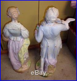 Stunning Antique Vion & Baury Large Bisque Statue Set Lady withJug & Man with Birds