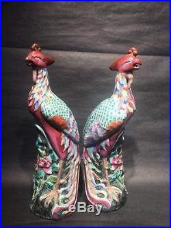 Stunning Rare Pair Chinese Famille Rose Porcelain Phoenix Bird Statues Figures