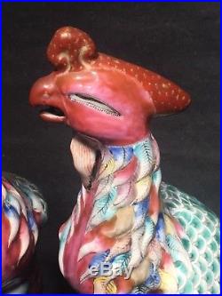 Stunning Rare Pair Chinese Famille Rose Porcelain Phoenix Bird Statues Figures