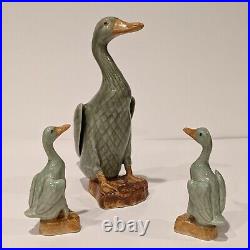 Three Porcelain Celadon Glazed Goose/Geese Duck Figurines, One 9T & Two 4.5T