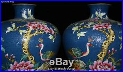 Top Enamel Color Porcelain Flower Cranes Bird Peacock Vase Bottle Flask Jar Pair