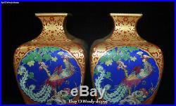 Top Enamel Color Porcelain Gilt Phoenix Parrot Bird Flower Vase Pot Bottle Pair