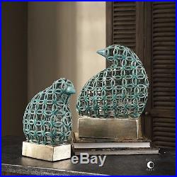 Two New Pierced Ceramic Birds Modern Art Statue Sculpture Teal Glaze Silver Base