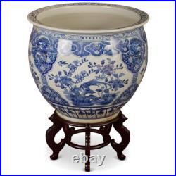 US SELLER 23 Inch Blue White Porcelain Bird Flower Oriental Fishbowl Planter