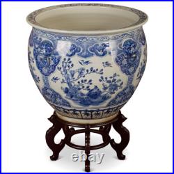 US SELLER 23 Inch Blue White Porcelain Bird Flower Oriental Fishbowl Planter
