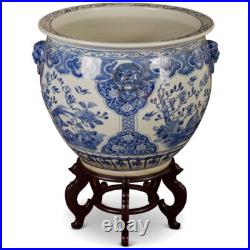 US SELLER 23 Inch Blue White Porcelain Bird Flower Oriental Fishbowl Planter