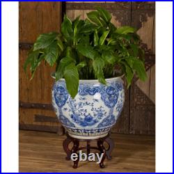 US SELLER 23 Inch Blue White Porcelain Bird Flower Oriental Fishbowl Planter