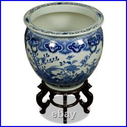 US Seller 19 Inch Blue White Porcelain Bird Flower Chinese Fishbowl Planter US Seller 19 Inch Blue White Porcelain Bird Flower Chinese Fishbowl Planter
