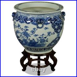 US Seller 19 Inch Blue White Porcelain Bird Flower Chinese Fishbowl Planter US Seller 19 Inch Blue White Porcelain Bird Flower Chinese Fishbowl Planter