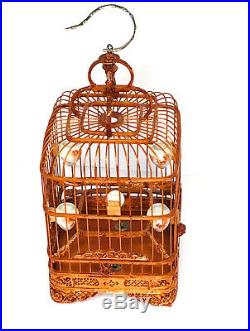 VINTAGE Size M CHINESE CARVED BAMBOO WOOD BIRD CAGE WithPORCELAIN DISHES/FEEDERS