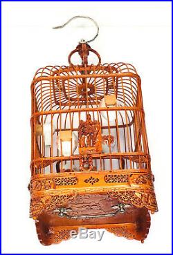 VINTAGE Size M CHINESE CARVED BAMBOO WOOD BIRD CAGE WithPORCELAIN DISHES/FEEDERS