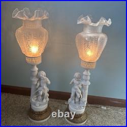 Vintage 2 Parian Ceramic Porcelain Bisque White Sitting Boy with Bird Table Lamps