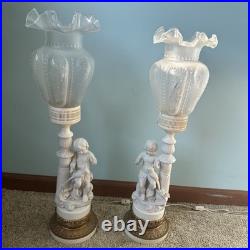 Vintage 2 Parian Ceramic Porcelain Bisque White Sitting Boy with Bird Table Lamps