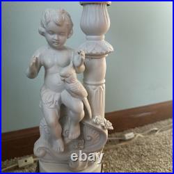 Vintage 2 Parian Ceramic Porcelain Bisque White Sitting Boy with Bird Table Lamps Vintage 2 Parian Ceramic Porcelain Bisque White Sitting Boy with Bird Table Lamps