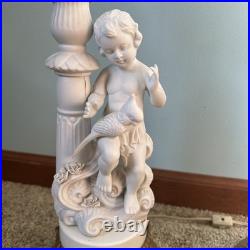 Vintage 2 Parian Ceramic Porcelain Bisque White Sitting Boy with Bird Table Lamps