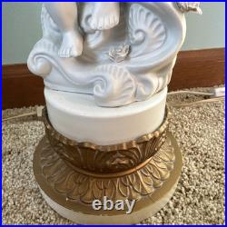 Vintage 2 Parian Ceramic Porcelain Bisque White Sitting Boy with Bird Table Lamps