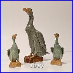 Vintage 3 pc Porcelain Celadon Glazed Goose Geese Duck Figurine 9T & 4.5 Tall