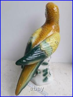 Vintage 80s Statue Porcelain Figurine Parrot Germany Signed Hand Painted Art Old