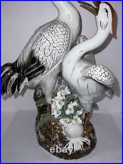 Vintage Antique Chinese Export Pair Of Porcelain Cranes, Gold Details 21