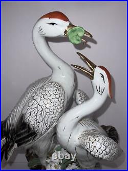Vintage Antique Chinese Export Pair Of Porcelain Cranes, Gold Details 21