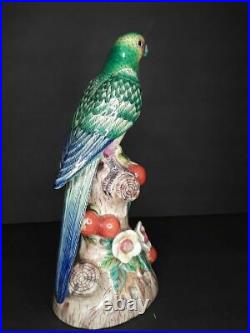 Vintage Antique Chinese Parrot Porcelain figure on tree trunk