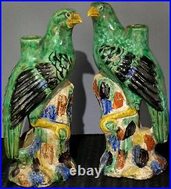 Vintage Antique Chinese Pottery Birds Falcons Candleholders Tang Polychrome