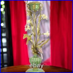Vintage BRONZE PORCELAIN CANDLE HOLDER Birds Flowers Decor Art Home Gift Rare