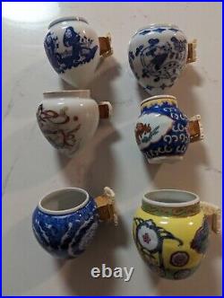 Vintage Blue & White Porcelain Chinese Bird Feeders. Quantity 6