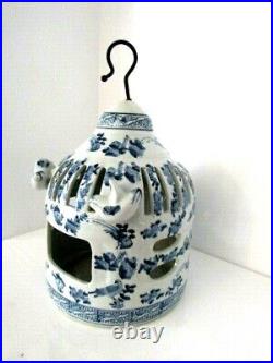 Vintage Blue & White Porcelain Chinese Hanging Bird Cage