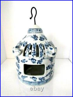 Vintage Blue & White Porcelain Chinese Hanging Bird Cage