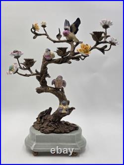 Vintage Celadon Cast Bronze Porcelain Birds Flowers Tree Candle Holder Figurine