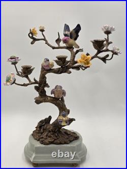 Vintage Celadon Cast Bronze Porcelain Birds Flowers Tree Candle Holder Figurine