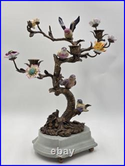 Vintage Celadon Cast Bronze Porcelain Birds Flowers Tree Candle Holder Figurine