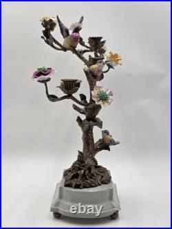Vintage Celadon Cast Bronze Porcelain Birds Flowers Tree Candle Holder Figurine
