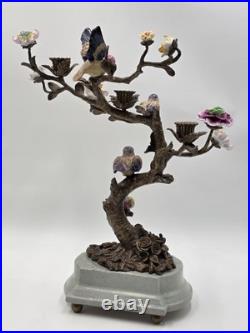 Vintage Celadon Cast Bronze Porcelain Birds Flowers Tree Candle Holder Figurine