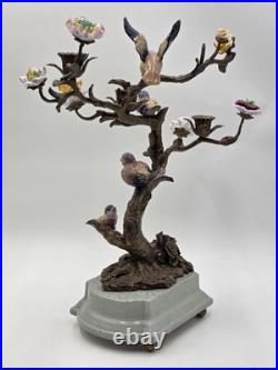 Vintage Celadon Cast Bronze Porcelain Birds Flowers Tree Candle Holder Figurine